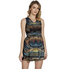 Blue Yellow And Green Lighted Pagoda Tower Sleeveless High Waist Mini Dress by Modalart