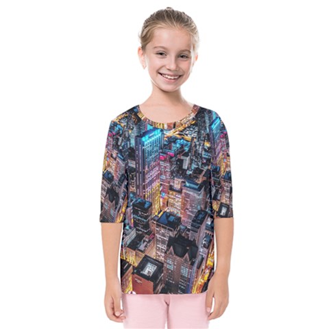 Aerial Photo Of Cityscape At Night Kids  Quarter Sleeve Raglan T-shirt by Modalart