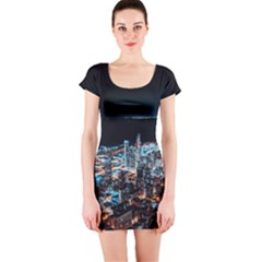 Aerial Photography Of Lighted High Rise Buildings Short Sleeve Bodycon Dress by Modalart