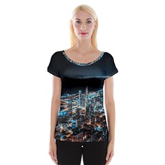 Aerial Photography Of Lighted High Rise Buildings Cap Sleeve Top by Modalart