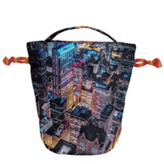 Aerial Photo Of Cityscape At Night Drawstring Bucket Bag by Modalart