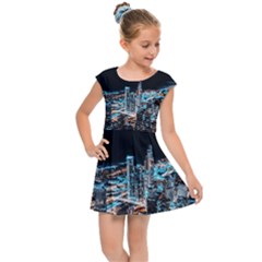 Aerial Photography Of Lighted High Rise Buildings Kids  Cap Sleeve Dress by Modalart