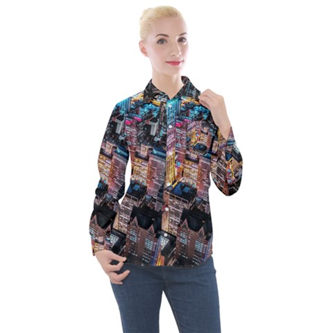 Aerial Photo Of Cityscape At Night Women s Long Sleeve Pocket Shirt by Modalart