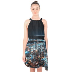 Aerial Photography Of Lighted High Rise Buildings Halter Collar Waist Tie Chiffon Dress by Modalart