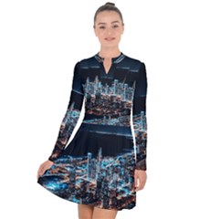 Aerial Photography Of Lighted High Rise Buildings Long Sleeve Panel Dress by Modalart