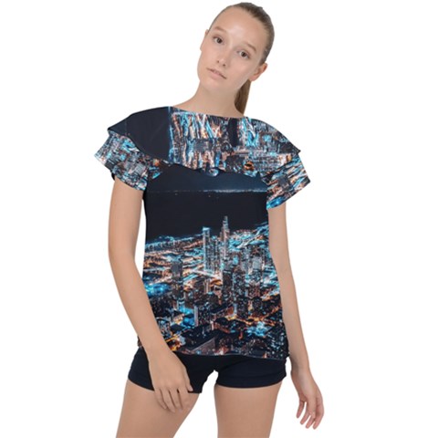 Aerial Photography Of Lighted High Rise Buildings Ruffle Collar Chiffon Blouse by Modalart