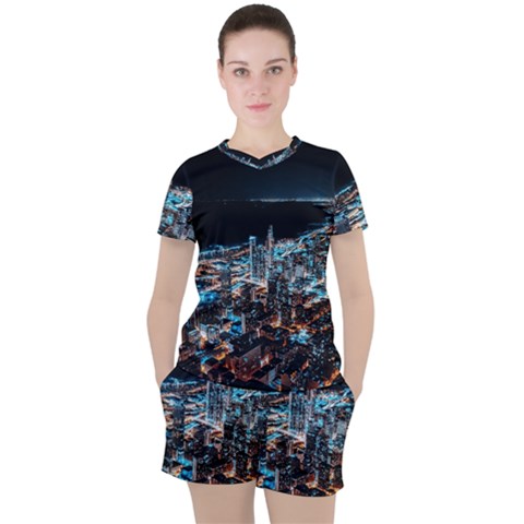 Aerial Photography Of Lighted High Rise Buildings Women s T-shirt And Shorts Set by Modalart