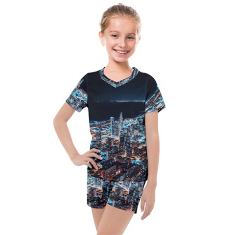 Aerial Photography Of Lighted High Rise Buildings Kids  Mesh T-shirt And Shorts Set by Modalart