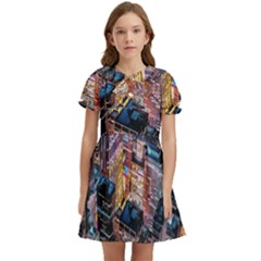 Aerial Photo Of Cityscape At Night Kids  Bow Tie Puff Sleeve Dress by Modalart