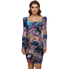 Aerial Photo Of Cityscape At Night Women Long Sleeve Ruched Stretch Jersey Dress by Modalart