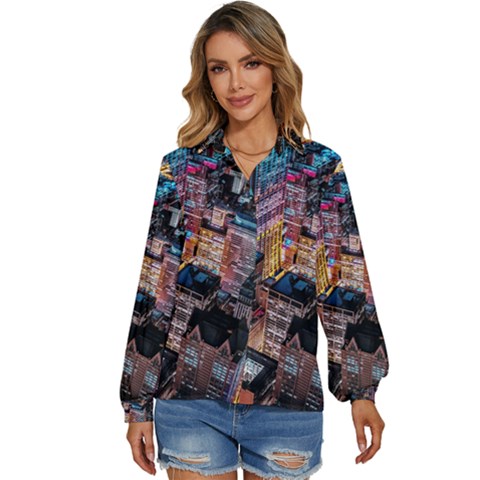 Aerial Photo Of Cityscape At Night Women s Long Sleeve Button Up Shirt by Modalart