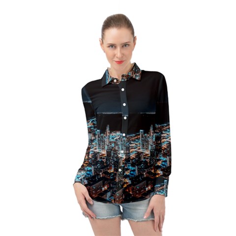 Aerial Photography Of Lighted High Rise Buildings Long Sleeve Chiffon Shirt by Modalart