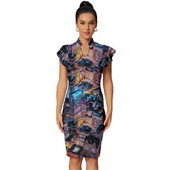 Aerial Photo Of Cityscape At Night Vintage Frill Sleeve V-neck Bodycon Dress by Modalart