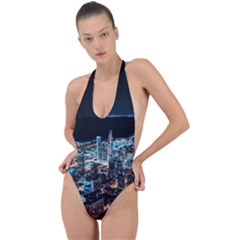 Aerial Photography Of Lighted High Rise Buildings Backless Halter One Piece Swimsuit by Modalart