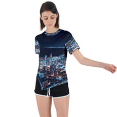 Aerial Photography Of Lighted High Rise Buildings Asymmetrical Short Sleeve Sports T-shirt by Modalart