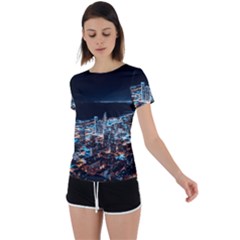 Aerial Photography Of Lighted High Rise Buildings Back Circle Cutout Sports T-shirt by Modalart