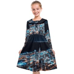 Aerial Photography Of Lighted High Rise Buildings Kids  Midi Sailor Dress by Modalart