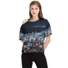 Aerial Photography Of Lighted High Rise Buildings One Shoulder Cut Out T-shirt by Modalart