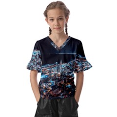 Aerial Photography Of Lighted High Rise Buildings Kids  V-neck Horn Sleeve Blouse by Modalart