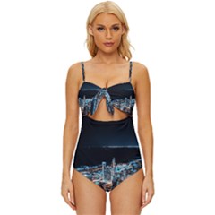 Aerial Photography Of Lighted High Rise Buildings Knot Front One-piece Swimsuit by Modalart