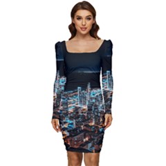 Aerial Photography Of Lighted High Rise Buildings Women Long Sleeve Ruched Stretch Jersey Dress by Modalart