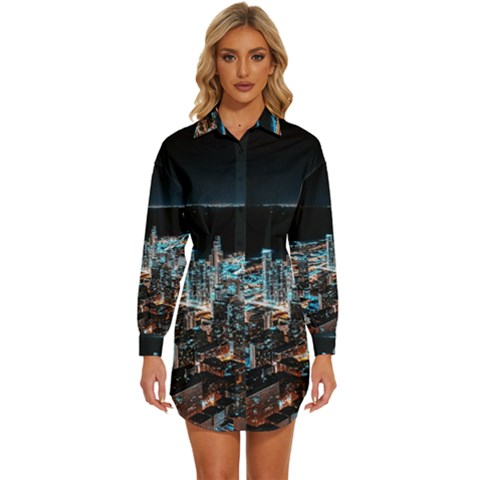 Aerial Photography Of Lighted High Rise Buildings Womens Long Sleeve Shirt Dress by Modalart