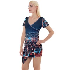 Aerial Shot Of Buildings Short Sleeve Asymmetric Mini Dress by Modalart