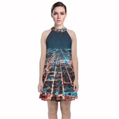 Aerial Shot Of Buildings Velvet Halter Neckline Dress  by Modalart