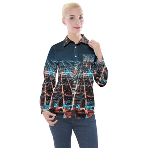 Aerial Shot Of Buildings Women s Long Sleeve Pocket Shirt by Modalart