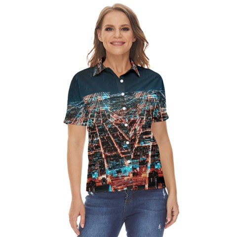 Aerial Shot Of Buildings Women s Short Sleeve Double Pocket Shirt by Modalart