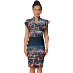 Aerial Shot Of Buildings Vintage Frill Sleeve V-neck Bodycon Dress by Modalart