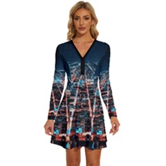 Aerial Shot Of Buildings Long Sleeve Deep V Mini Dress  by Modalart