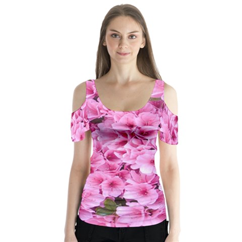 Beautiful Tree Flowers Butterfly Sleeve Cutout T-shirt  by 1212