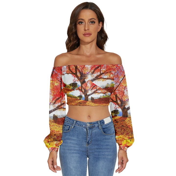 Beautiful tree flowers Long Sleeve Crinkled Weave Crop Top