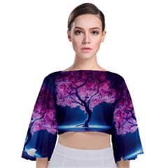 Beautiful Tree Flowers Tie Back Butterfly Sleeve Chiffon Top by 1212