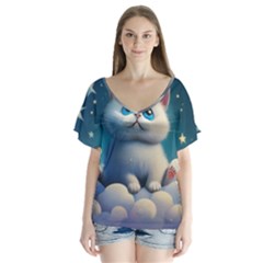 Cat On The Sky V-neck Flutter Sleeve Top by 1212