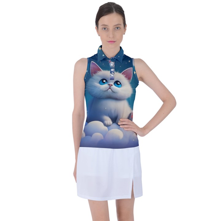 Cat on the sky Women s Sleeveless Polo T-Shirt