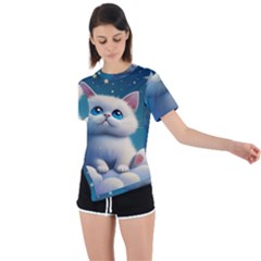 Cat On The Sky Asymmetrical Short Sleeve Sports T-shirt by 1212