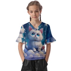 Cat On The Sky Kids  V-neck Horn Sleeve Blouse by 1212