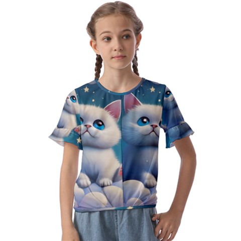 Cat On The Sky Kids  Cuff Sleeve Scrunch Bottom T-shirt by 1212