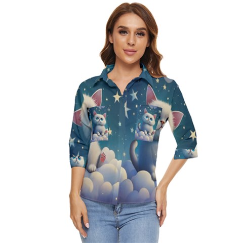 Cat On The Sky Women s Quarter Sleeve Pocket Shirt by 1212