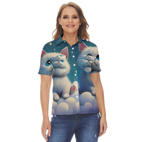 Cat On The Sky Women s Short Sleeve Double Pocket Shirt by 1212