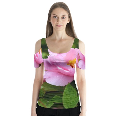 Beautiful Tree Flowers Butterfly Sleeve Cutout T-shirt  by 1212