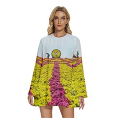 Beautiful Garden Round Neck Long Sleeve Bohemian Style Chiffon Mini Dress