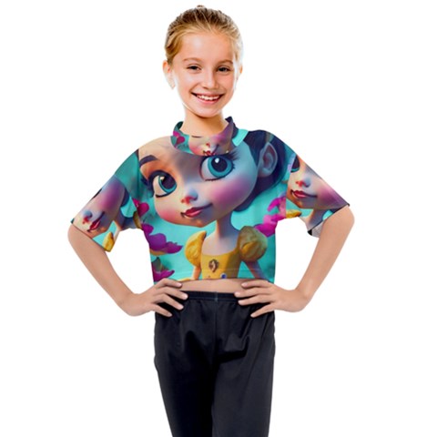 Beautiful Flowers With Cartoon Kids Mock Neck T-shirt by 1212