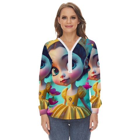 Beautiful Flowers With Cartoon Zip Up Long Sleeve Blouse by 1212