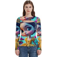 Beautiful Flowers With Cartoon Women s Cut Out Long Sleeve T-shirt