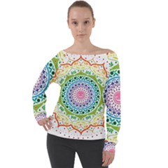 Mandala Pattern Rainbow Pride Off Shoulder Long Sleeve Velour Top by Vaneshop