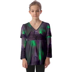 Fantasy Pyramid Mystic Space Aurora Kids  V Neck Casual Top by Grandong