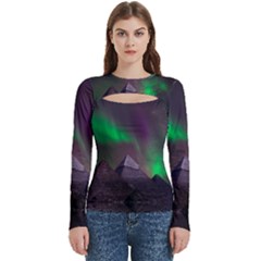 Fantasy Pyramid Mystic Space Aurora Women s Cut Out Long Sleeve T-shirt by Grandong